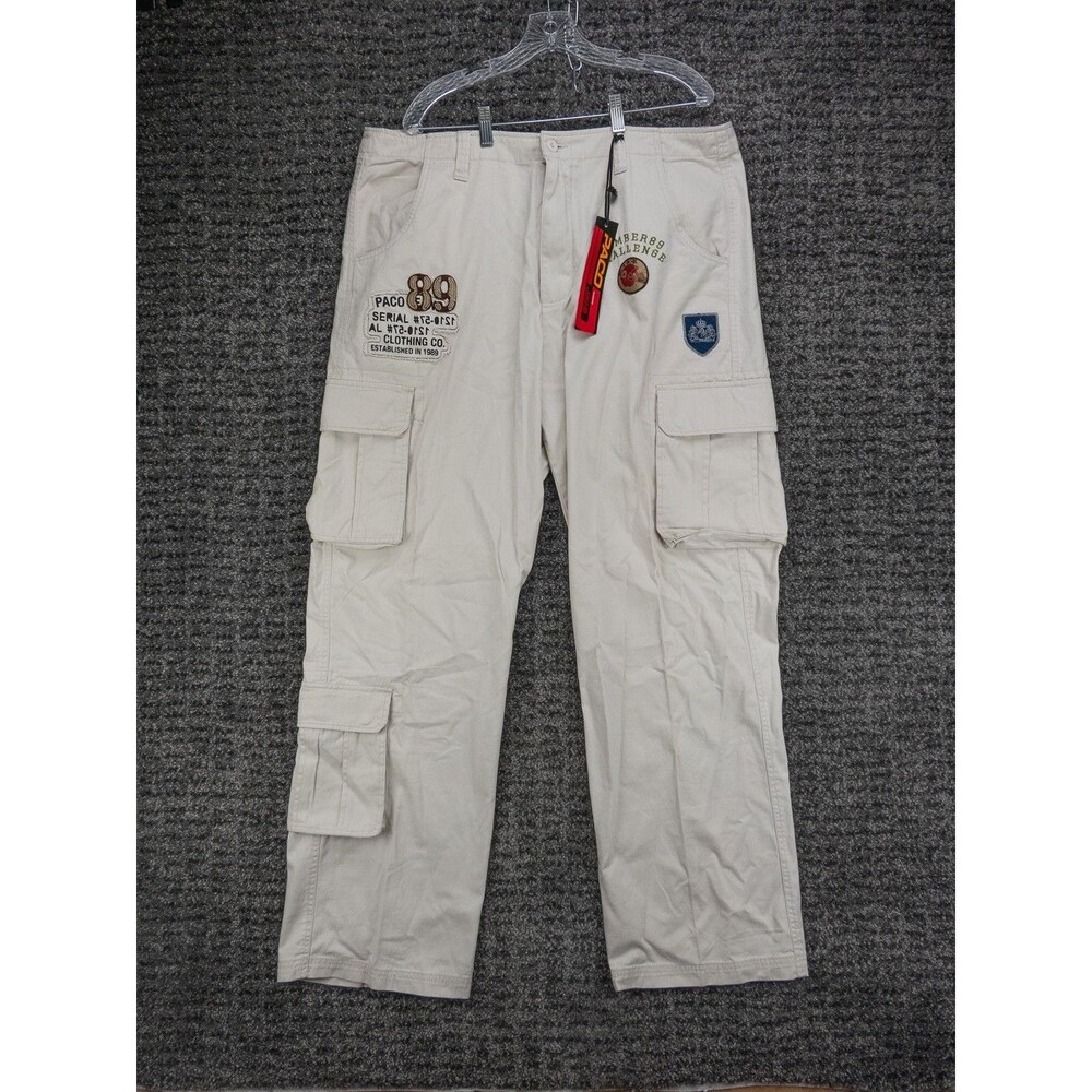 Vintage Paco Cargo Pants Mens 40x33 Ivory Embroidered Patches Deadstock Y2K NWT